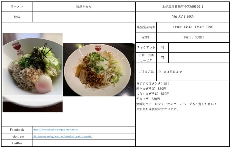 箕輪 テイクアウト 麺屋かなた